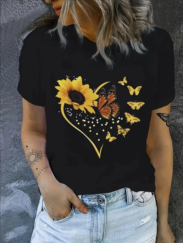 For Spring & Summer, Casual Sunflower & Butterflies Print Crew Neck T-Shirt, Women's Short Sleeve Clothing