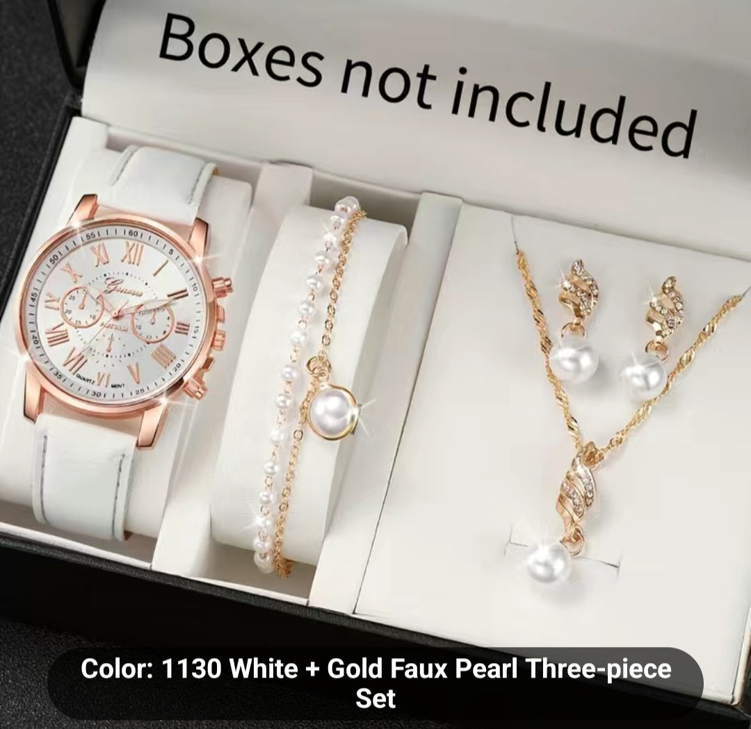 White-Gold Pearl Watch Set