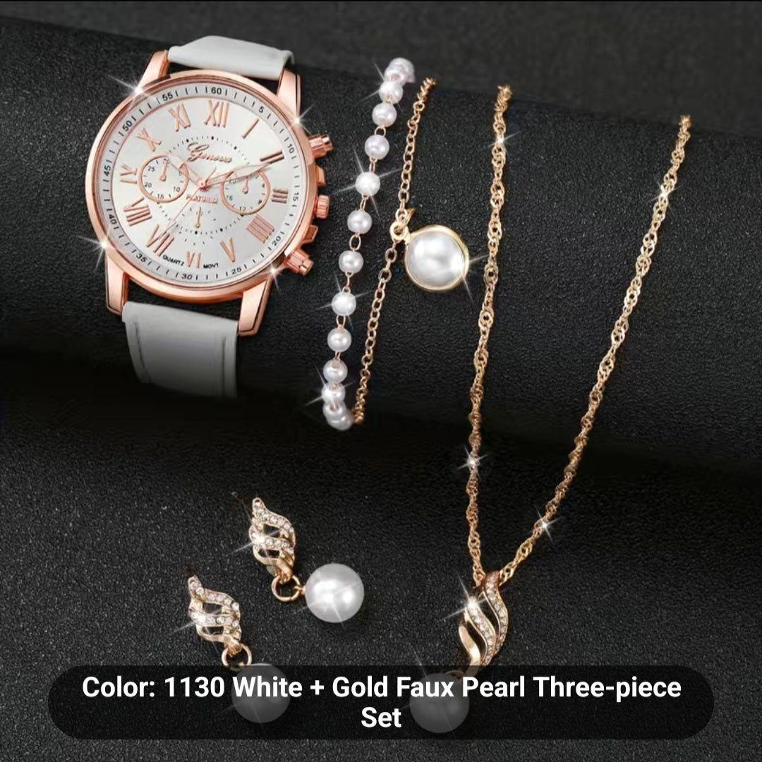 White-Gold Pearl Watch Set