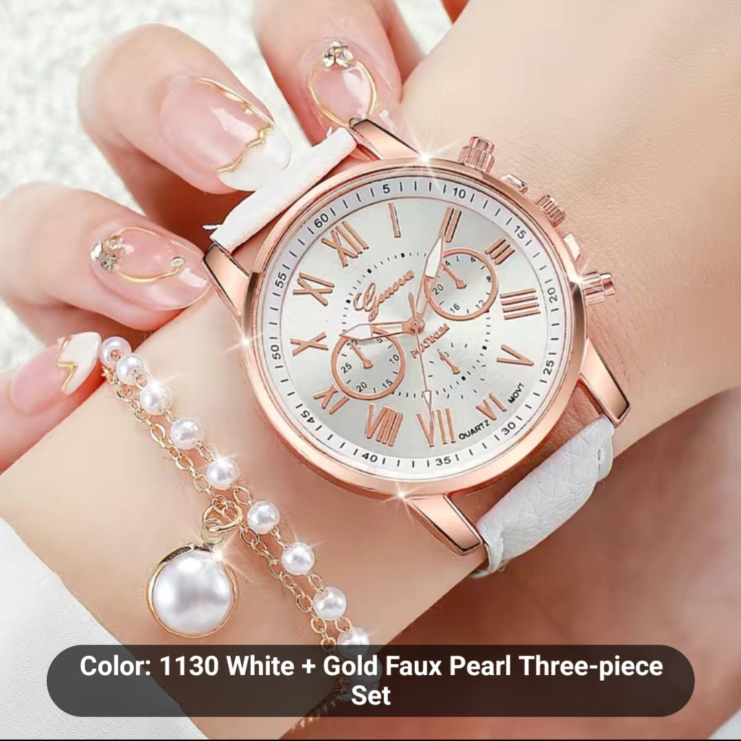 White-Gold Pearl Watch Set