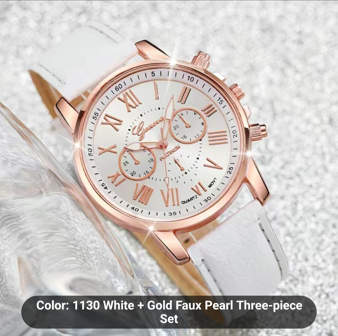 White-Gold Pearl Watch Set