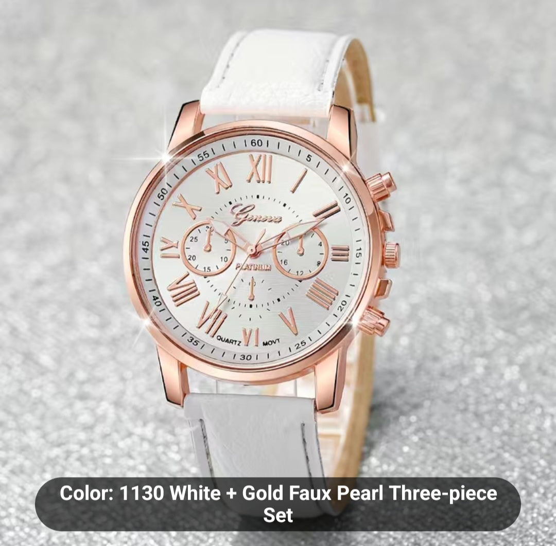 White-Gold Pearl Watch Set