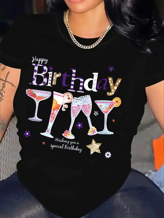 Birthday Wine Print Crew Neck T-shirt, Casual Short Sleeve Summer Daily Top, Women's Clothing