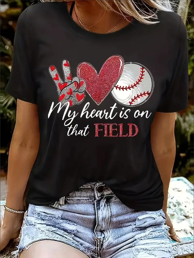 Adorable Heart & Baseball Graphic Tee - Lightweight Short Sleeve Crew Neck - Casual Chic Style For Spring & Summer - Fashion Womens Clothing