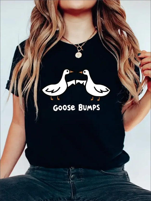 Goose Bumps Graphic Print Solid T-Shirt, Crew Neck Short Sleeve Casual Top For Summer & Spring, Women's Clothing