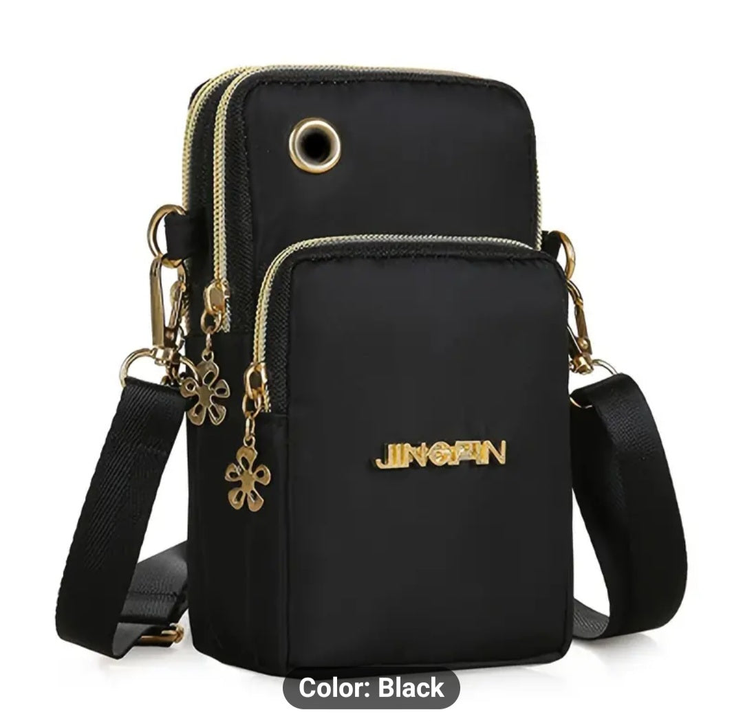 Womens Black: Zipper Mobile-Phone Slant Cross Bag